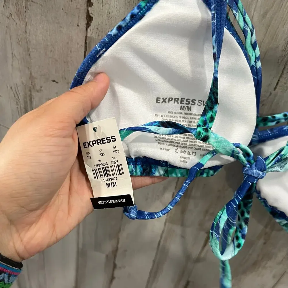 New! EXPRESS Blue Green Tropical Triangle Bikini Top Back Tie Womens Size M